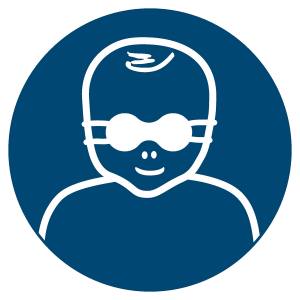 Kleinkinder durch weitgehend lichtundurchlässige Augenabschirmung schützen (DIN EN ISO 7010)