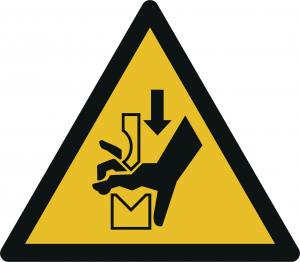 Warnung vor Quetschgefahr der Hand zwischen den Werkzeugen einer Presse (DIN EN ISO 7010)
